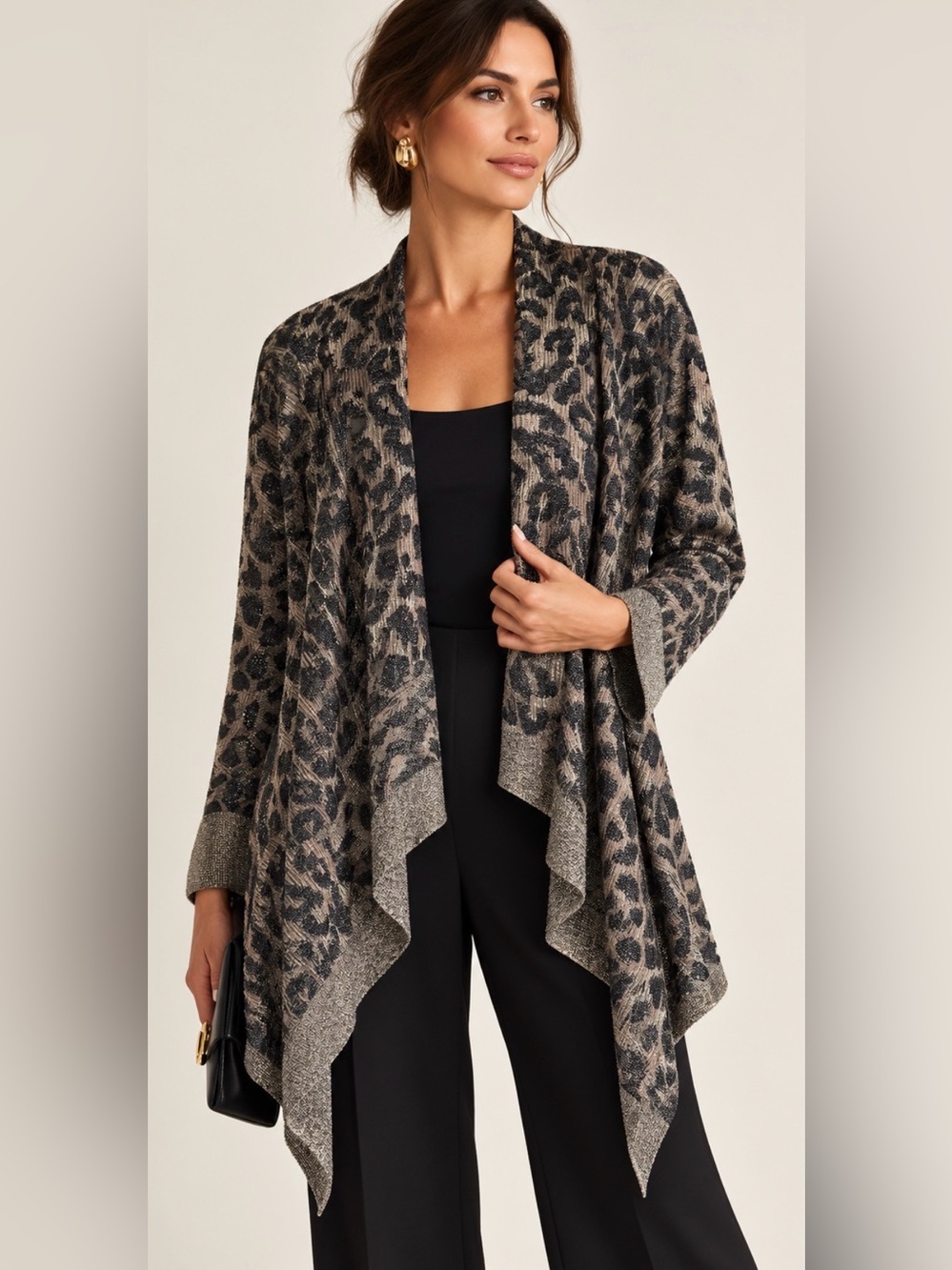 ST. JOHN Animal Print Cardigan Open Front Waterfall Metallic Shimmer Black Brown